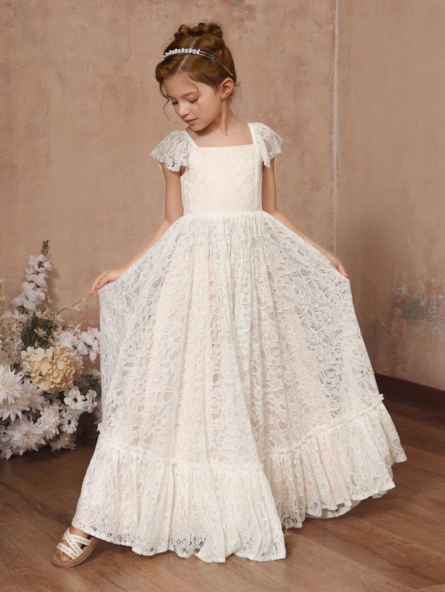 Robe de Demoiselle D'Honneur Coupe A-Line/Princesse à Encolure Carrée et Longueur Au Sol avec Appliques en Dentelle