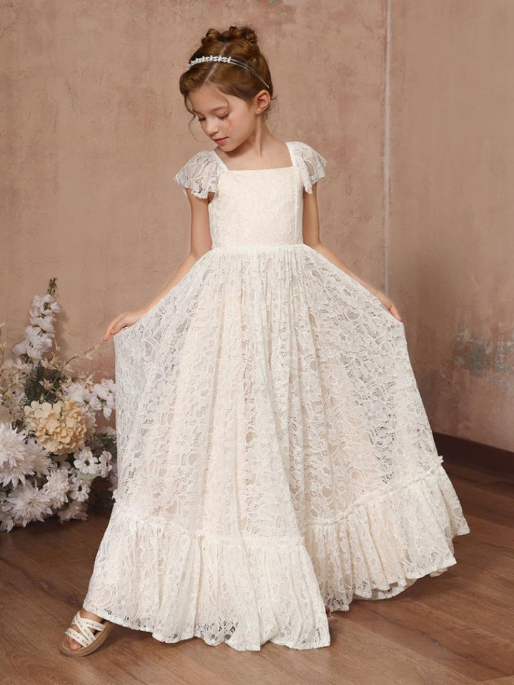 Robe de Demoiselle D'Honneur Coupe A-Line/Princesse à Encolure Carrée et Longueur Au Sol avec Appliques en Dentelle