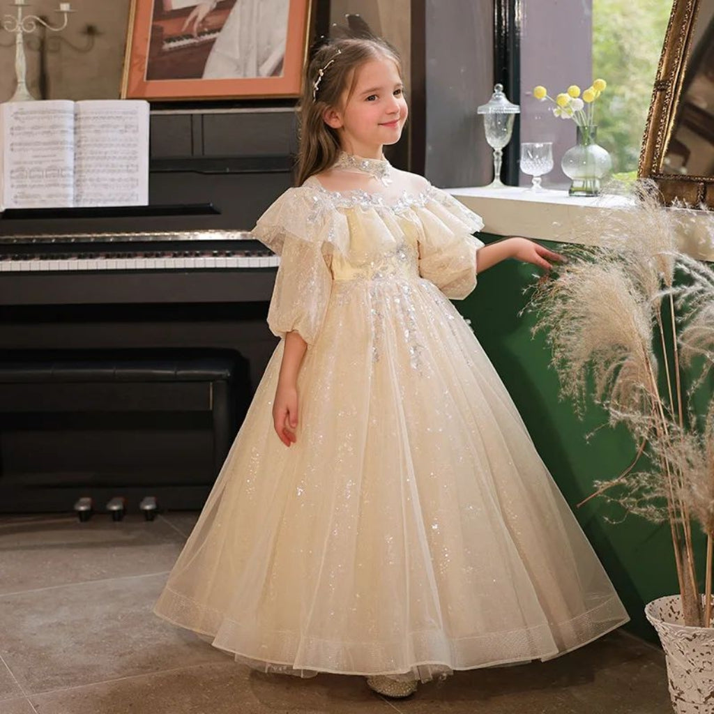 Robe de Demoiselle D'Honneur en Dentelle à Manches 3/4 et Col Haut, Coupe Trapèze/Princesse, avec Appliques en Strass