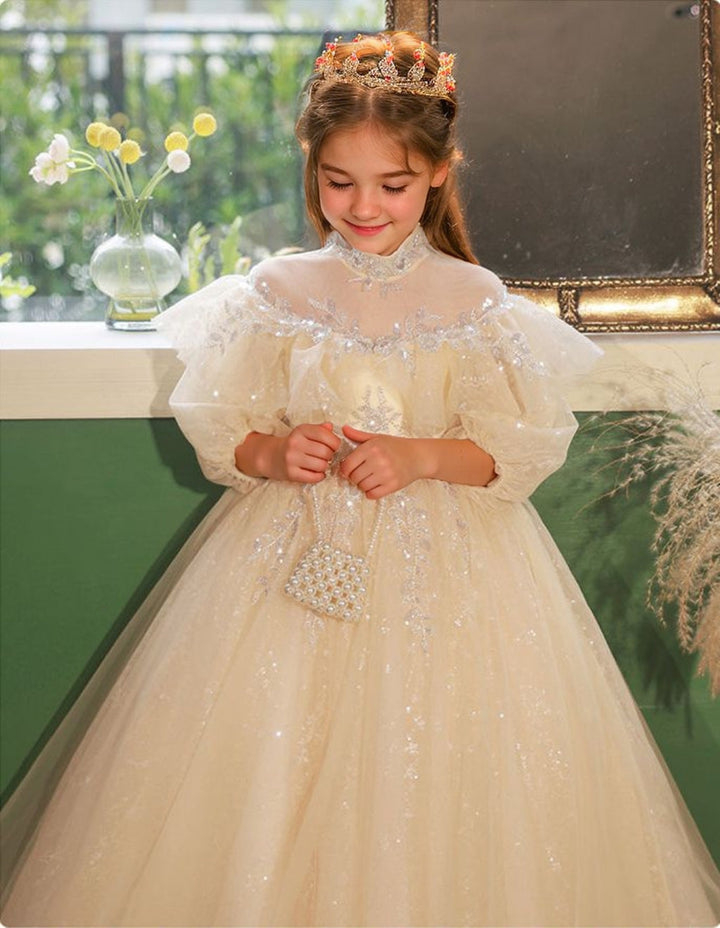 Robe de Demoiselle D'Honneur en Dentelle à Manches 3/4 et Col Haut, Coupe Trapèze/Princesse, avec Appliques en Strass