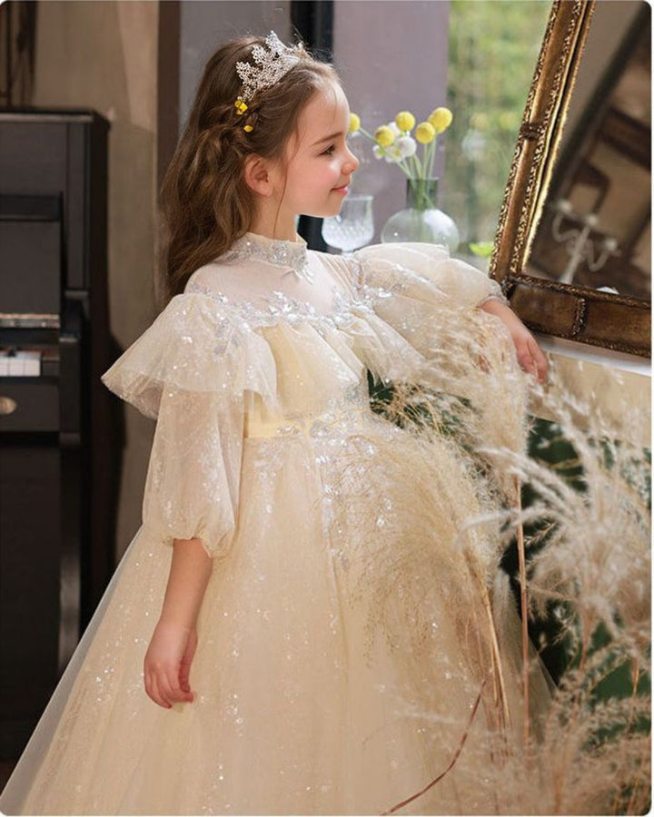 Robe de Demoiselle D'Honneur en Dentelle à Manches 3/4 et Col Haut, Coupe Trapèze/Princesse, avec Appliques en Strass