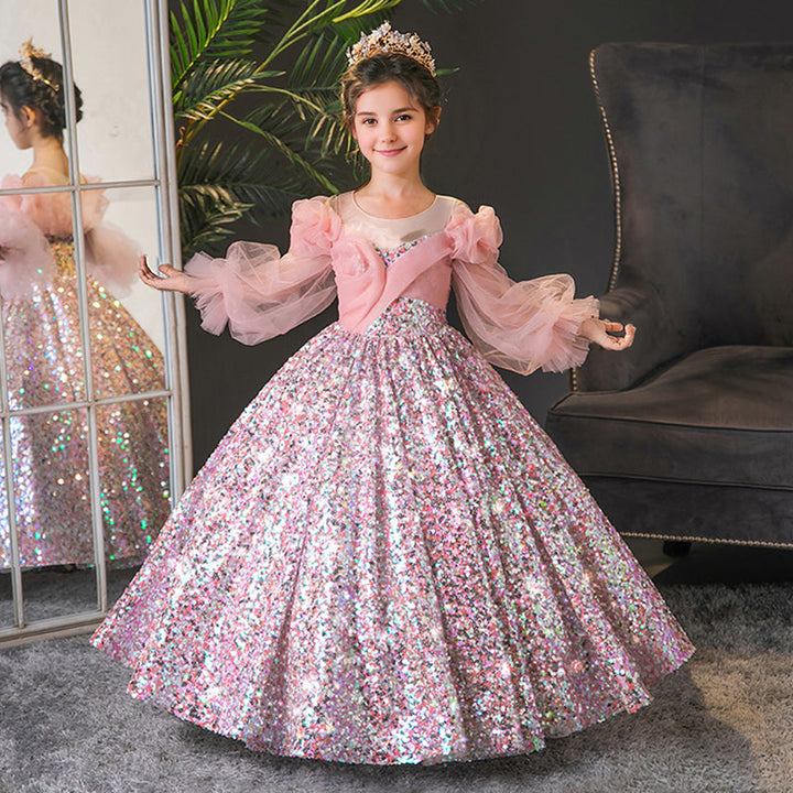 Robe de Bal à Manches Longues et Col Rond pour Fille avec Volants