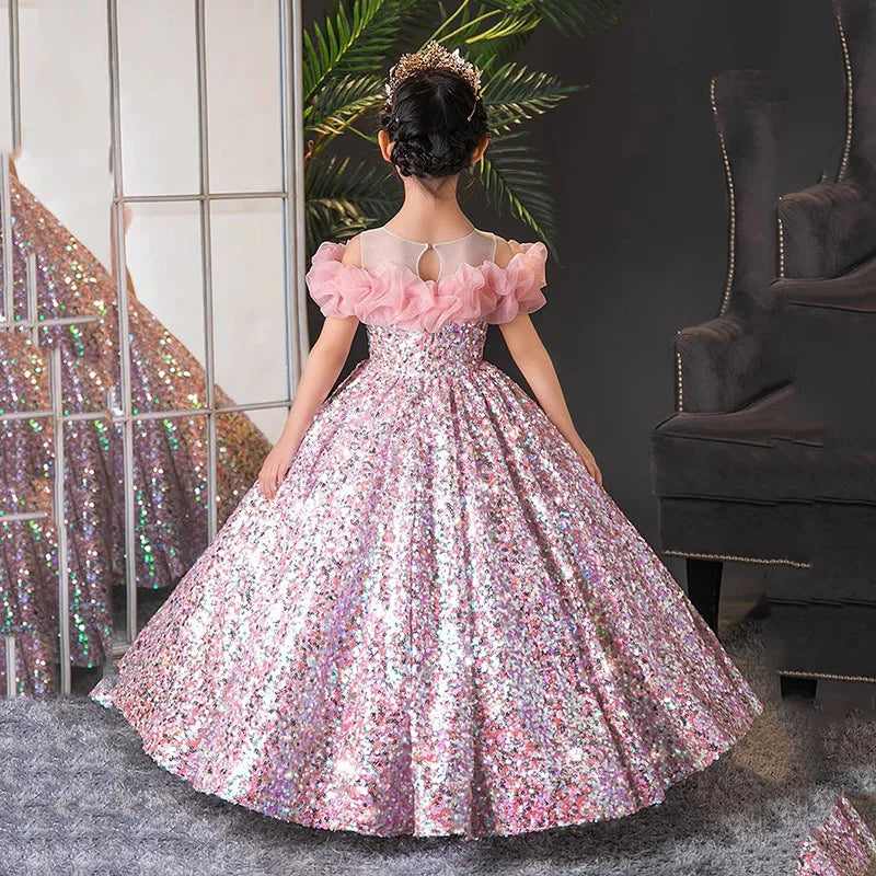 Robe de Bal à Manches Longues et Col Rond pour Fille avec Volants
