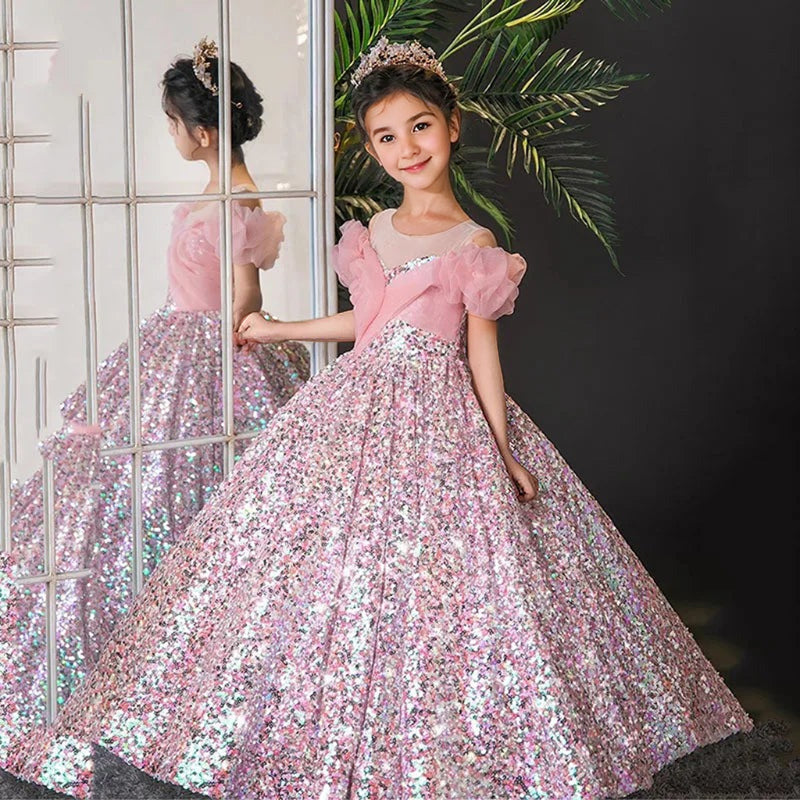 Robe de Bal à Manches Longues et Col Rond pour Fille avec Volants
