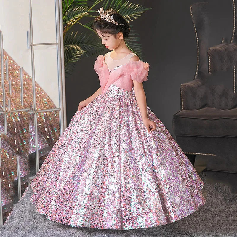 Robe de Bal à Manches Longues et Col Rond pour Fille avec Volants