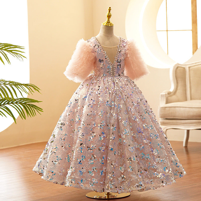 Robe de Soirée Princesse à Manches Volantées et Longueur Au Sol avec Strass et Perles