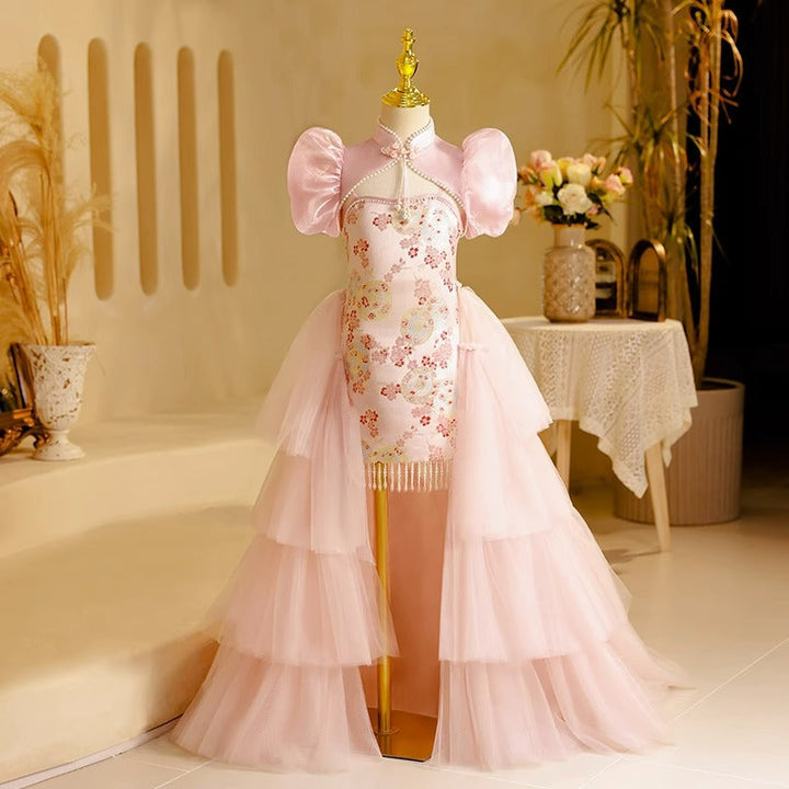 Robe de Demoiselle D'Honneur Traditionnelle à Col Haut et Broderies Hautes-Bas avec Perles