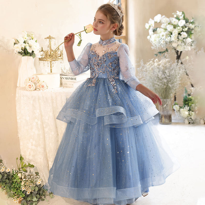 Robe de Soirée à Manches Longues, Coupe Trapèze/Princesse, Col Haut, avec Appliques en Strass