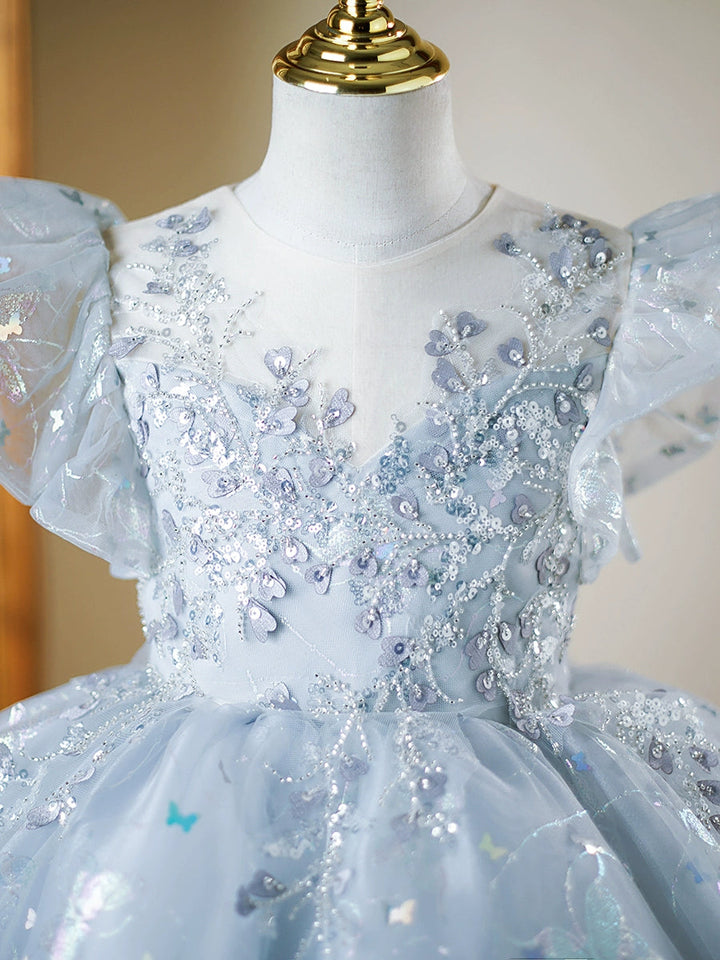 Robe de Soirée pour Fille à Manches Courtes et Col Rond avec Appliques en Cristal
