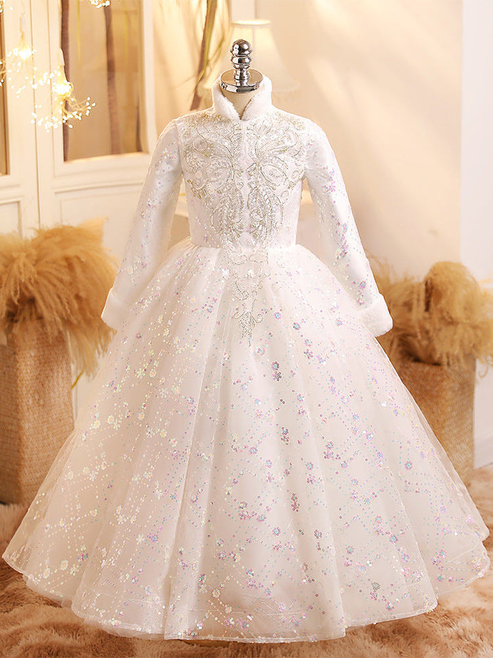 Robe de Bal à Manches Longues pour Fille Brillante, Robe de Soirée D'Hiver avec Appliques en Cristal