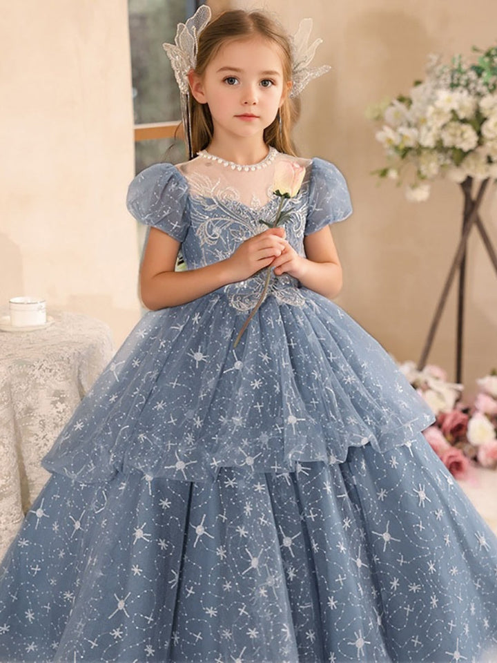 Robe de Bal à Manches Courtes et Col Rond avec Perles et Strass pour Fille