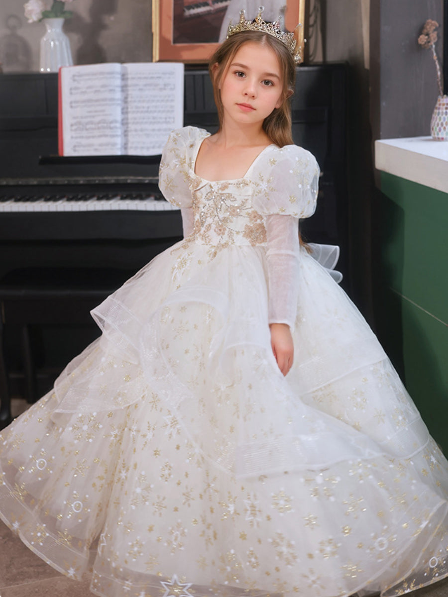 Robe de Bal à Manches Longues et Col Carré pour Fille à Fleurs avec Appliqués