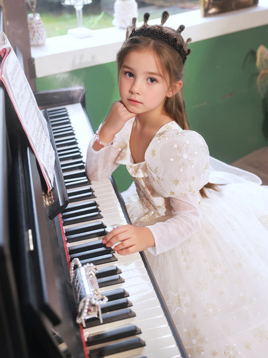 Robe de Bal à Manches Longues et Col Carré pour Fille à Fleurs avec Appliqués