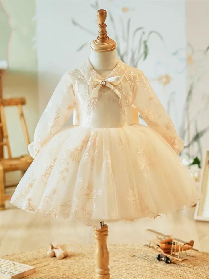 Robe de Soirée en Dentelle à Manches Longues et Longueur Genou pour Fille avec Nœud