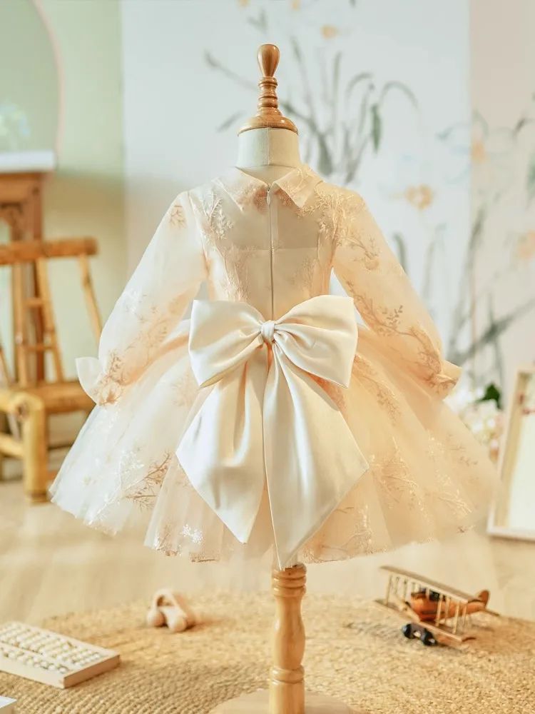 Robe de Soirée en Dentelle à Manches Longues et Longueur Genou pour Fille avec Nœud