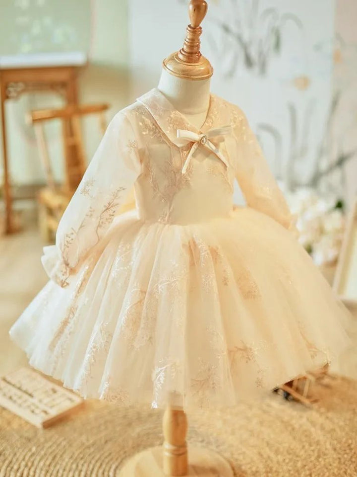 Robe de Soirée en Dentelle à Manches Longues et Longueur Genou pour Fille avec Nœud