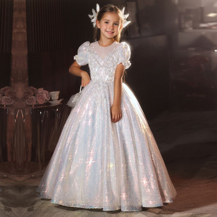 Robe de Soirée A-Line/Princess à Manches Courtes et Brillante pour Fille avec Appliques en Strass