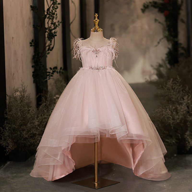 Robes de Demoiselle D'Honneur Sans Manches à Traîne Haute et Basse avec Strass et Plumes