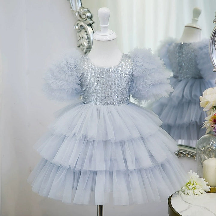 Robe de Soirée à Paillettes pour Fille, Longueur Thé, Col Rond, Manches Courtes, Superposée