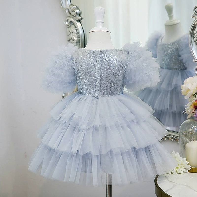 Robe de Soirée à Paillettes pour Fille, Longueur Thé, Col Rond, Manches Courtes, Superposée