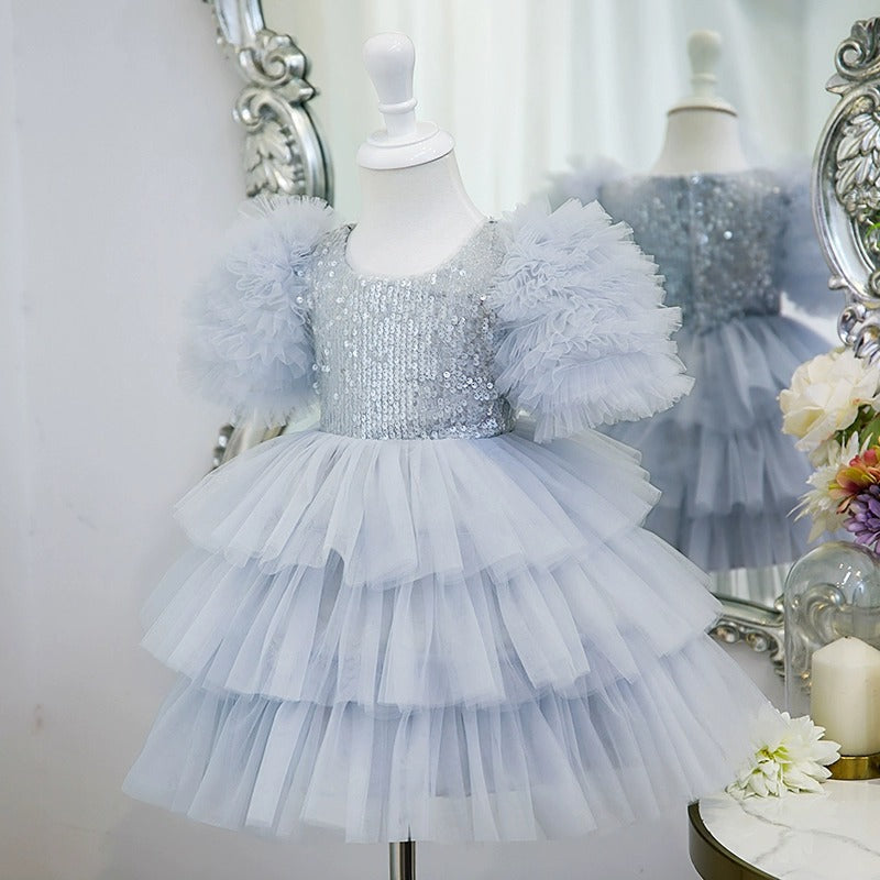 Robe de Soirée à Paillettes pour Fille, Longueur Thé, Col Rond, Manches Courtes, Superposée