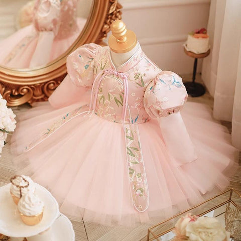 Robe de Soirée pour Bébé Fille avec Broderie, Col Haut, Longueur Genou, Manches Longues