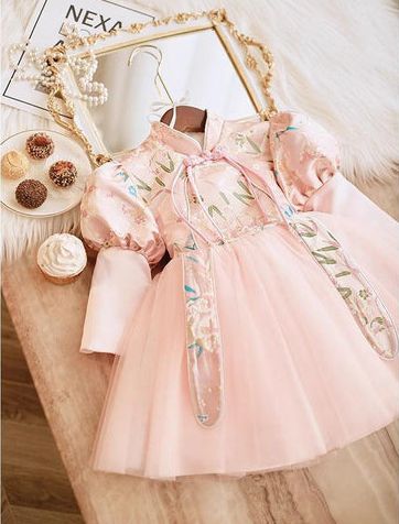 Robe de Soirée pour Bébé Fille avec Broderie, Col Haut, Longueur Genou, Manches Longues