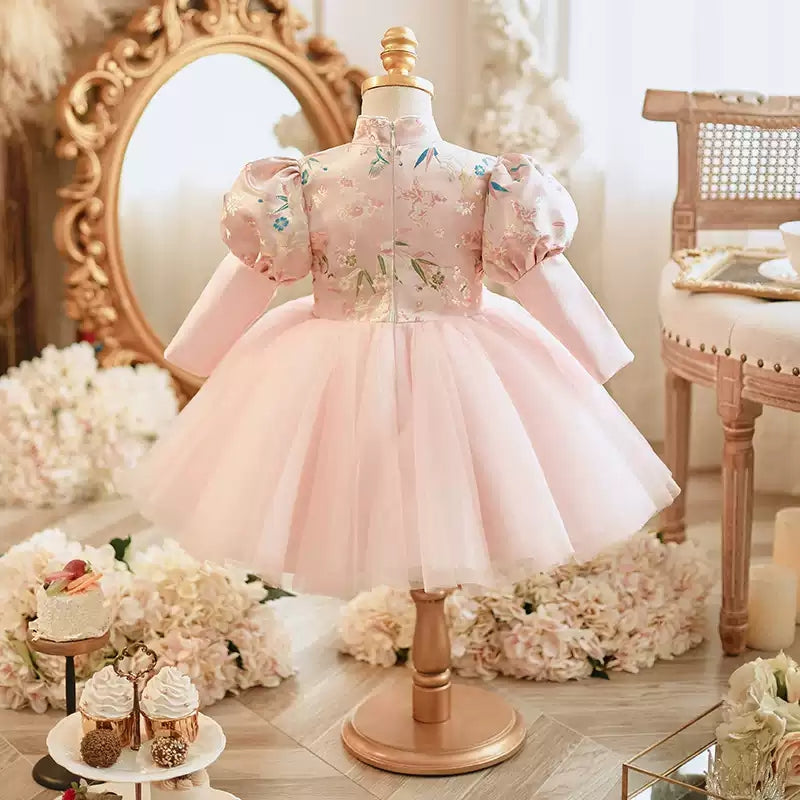 Robe de Soirée pour Bébé Fille avec Broderie, Col Haut, Longueur Genou, Manches Longues