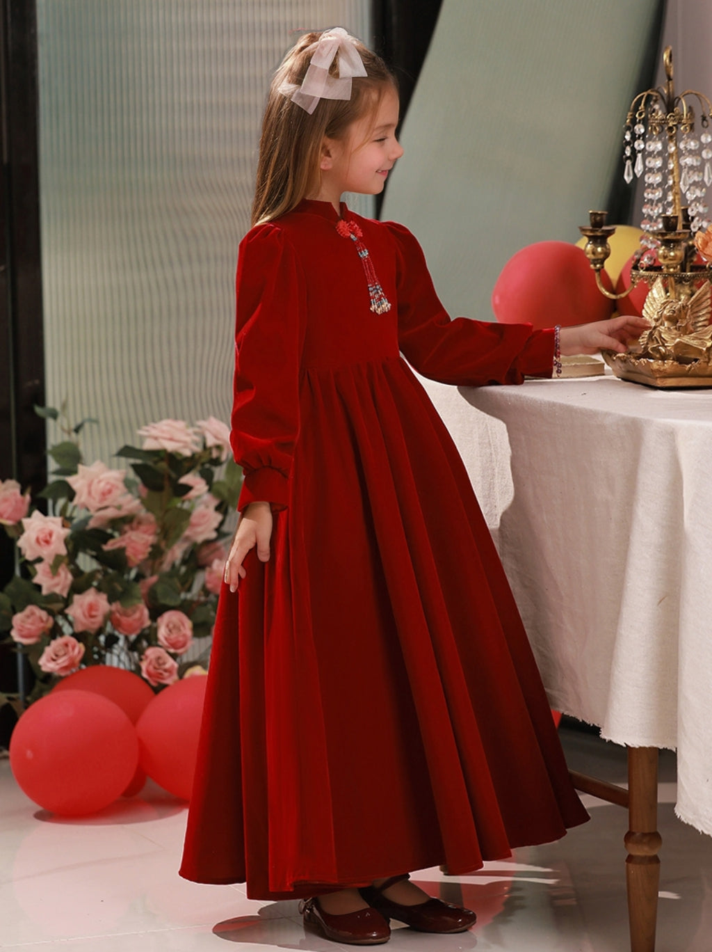Robes de Soirée pour Filles à Manches Longues, Longueur Au Sol, Col Haut, Coupe A-Line/Princesse