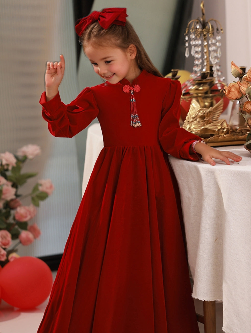 Robes de Soirée pour Filles à Manches Longues, Longueur Au Sol, Col Haut, Coupe A-Line/Princesse