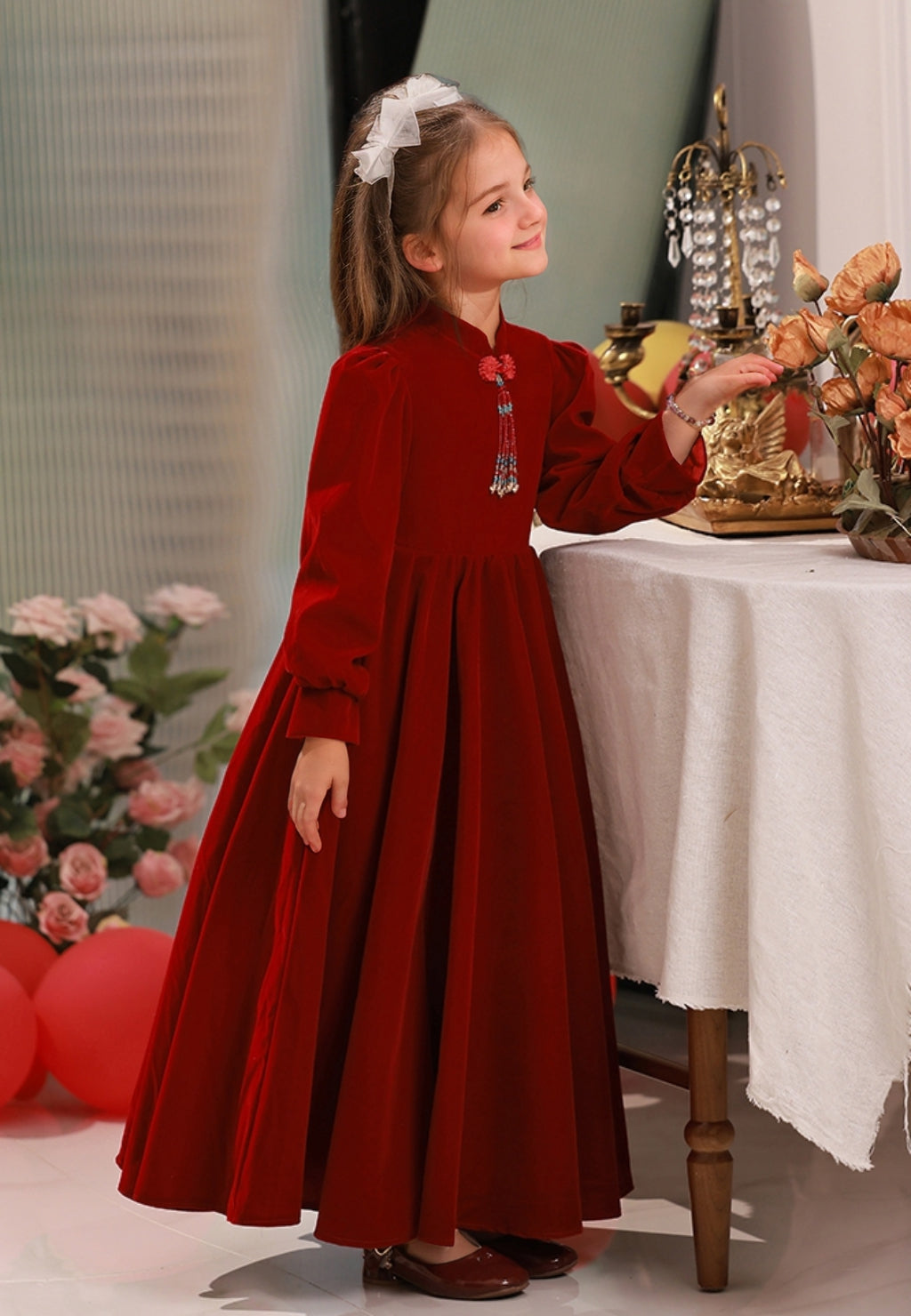 Robes de Soirée pour Filles à Manches Longues, Longueur Au Sol, Col Haut, Coupe A-Line/Princesse