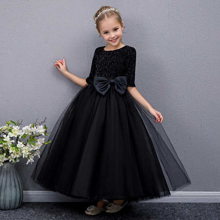Robe de Soirée Trapèze/Princesse à Manches Mi-Longues et Col Rond pour Fille avec Nœud
