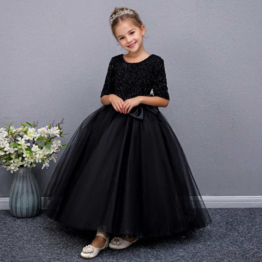 Robe de Soirée Trapèze/Princesse à Manches Mi-Longues et Col Rond pour Fille avec Nœud