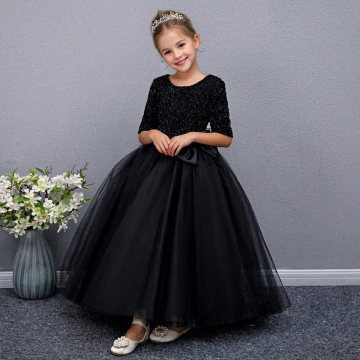 Robe de Soirée Trapèze/Princesse à Manches Mi-Longues et Col Rond pour Fille avec Nœud
