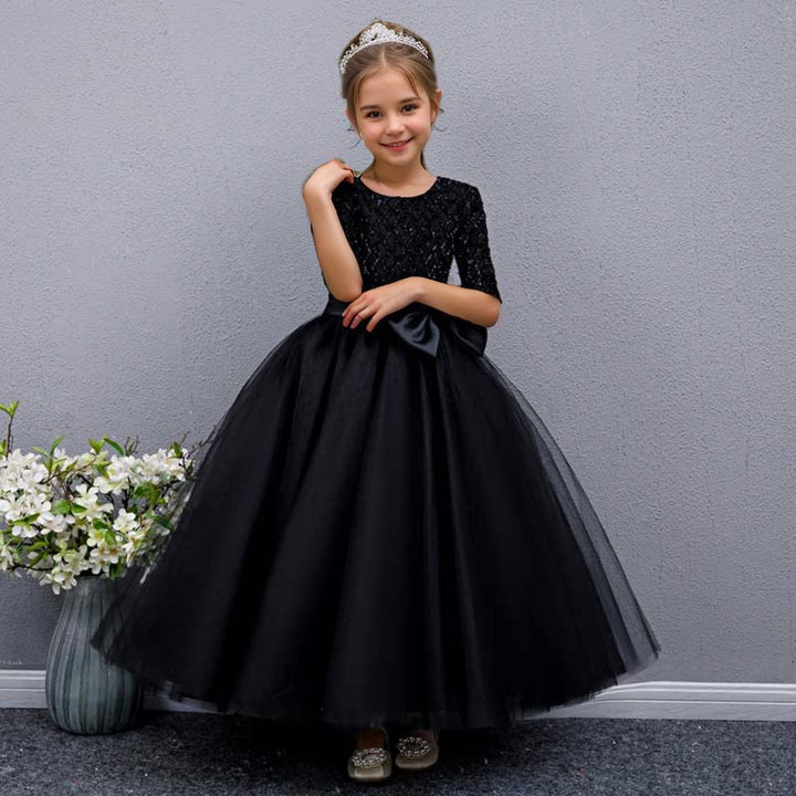 Robe de Soirée Trapèze/Princesse à Manches Mi-Longues et Col Rond pour Fille avec Nœud