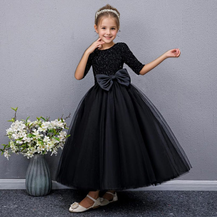 Robe de Soirée Trapèze/Princesse à Manches Mi-Longues et Col Rond pour Fille avec Nœud