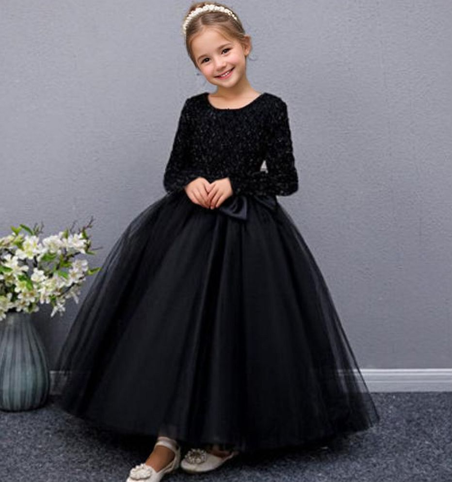 Robe de Soirée Trapèze/Princesse à Manches Longues et Col Rond pour Fille avec Nœud
