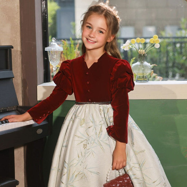 Robe de Soirée à Manches Longues pour Fille avec Broderie en Forme de A et Bouton Recouvert