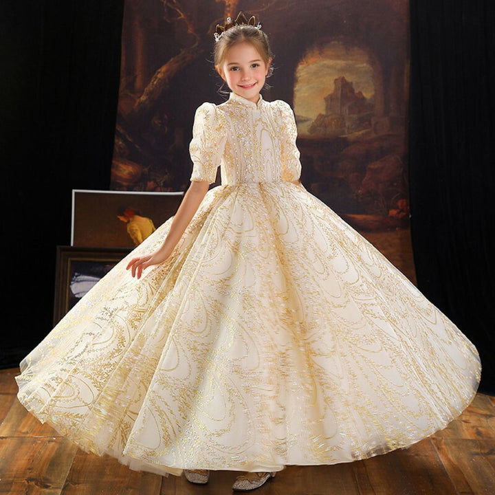 Robe de Bal à Manches Mi-Longues et Col Haut avec Broderie pour Demoiselle D'Honneur pour Fête avec Cristal