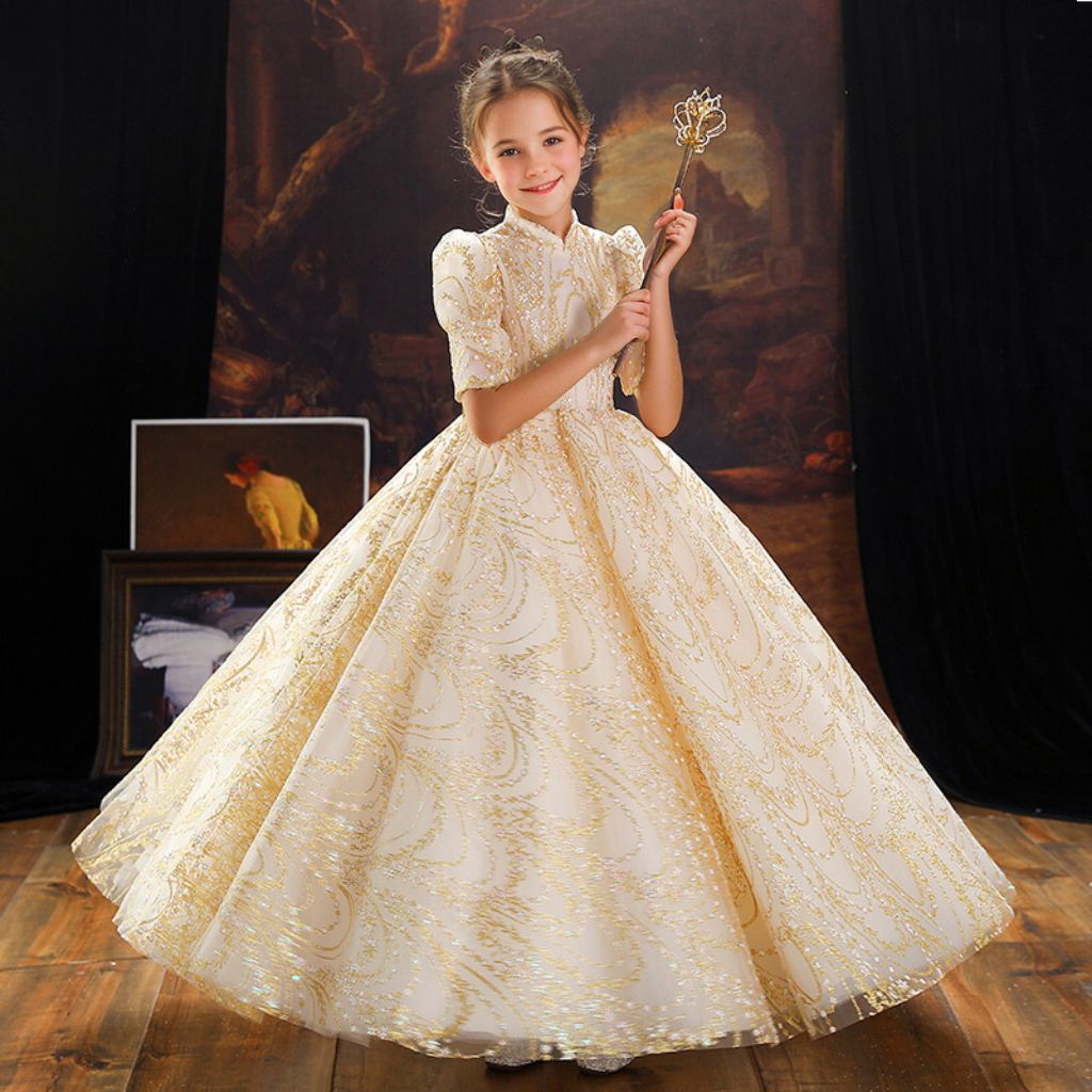 Robe de Bal à Manches Mi-Longues et Col Haut avec Broderie pour Demoiselle D'Honneur pour Fête avec Cristal