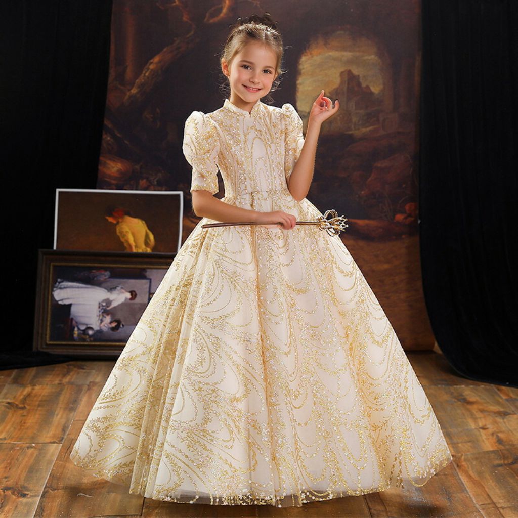 Robe de Bal à Manches Mi-Longues et Col Haut avec Broderie pour Demoiselle D'Honneur pour Fête avec Cristal