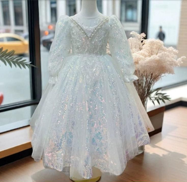 Robe de Soirée A-Line/Princess à Manches Longues et Col Rond avec Perles et Strass pour Fille