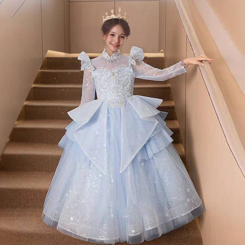 Robe de Soirée Trapèze/Princesse à Manches Longues en Dentelle avec Appliques en Strass