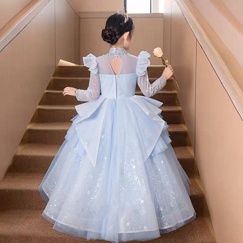 Robe de Soirée Trapèze/Princesse à Manches Longues en Dentelle avec Appliques en Strass