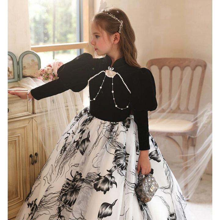 Robe de Soirée Trapèze/Princesse à Col Montant et Manches Longues pour Fille avec Perles