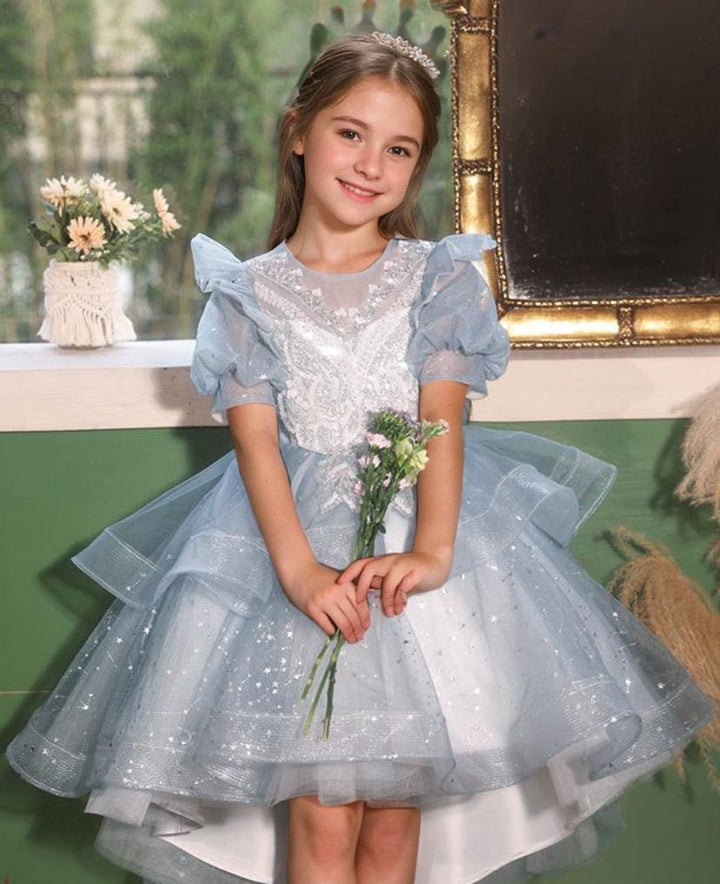 Robe de Soirée à Manches Courtes et Col Rond pour Fille avec Appliques en Strass