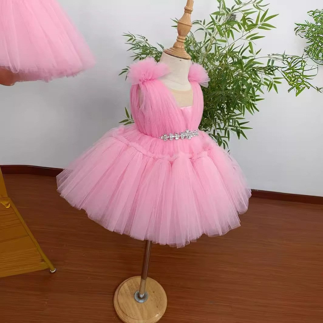 Robe de Soirée Princesse Sans Manches à Col Rond et Longueur Genou pour Bébé Fille avec Cristaux