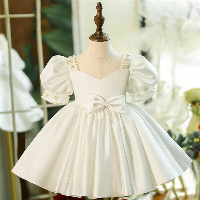 Robe de Demoiselle D'Honneur pour Bébé Fille à Manches Courtes et Col Carré avec Nœud et Perles