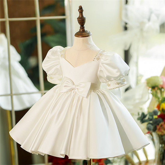 Robe de Demoiselle D'Honneur pour Bébé Fille à Manches Courtes et Col Carré avec Nœud et Perles