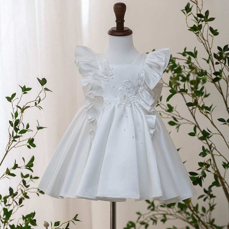 Robes de Demoiselle D'Honneur pour Bébé avec Nœud et Manches à Volants Au Genou et Col Carré